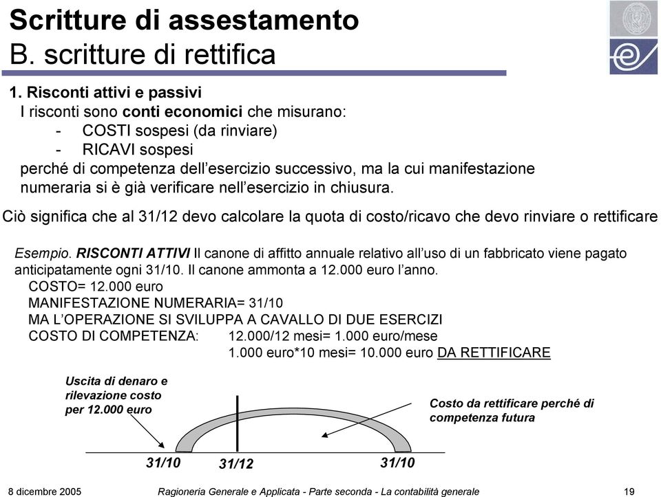 numeraria si è già verificare nell esercizio in chiusura. Ciò significa che al 31/12 devo calcolare la quota di costo/ricavo che devo rinviare o rettificare Esempio.