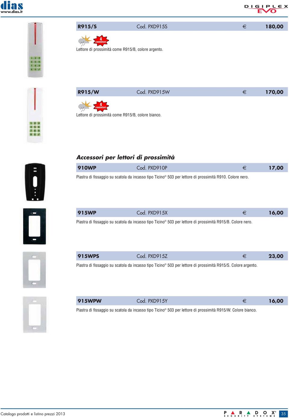 PXD915X 16,00 Piastra di fissaggio su scatola da incasso tipo Ticino 503 per lettore di prossimità R915/B. Colore nero. 915WPS Cod.