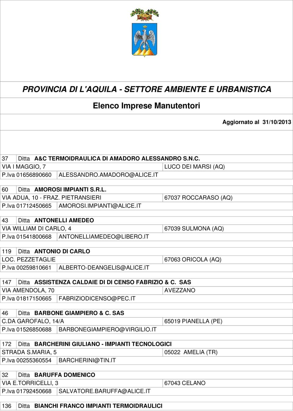 IT 67037 ROCCARASO (AQ) 43 Ditta ANTONELLI AMEDEO VIA WILLIAM DI CARLO, 4 P.Iva 01541800668 ANTONELLIAMEDEO@LIBERO.IT 119 Ditta ANTONIO DI CARLO LOC. PEZZETAGLIE P.