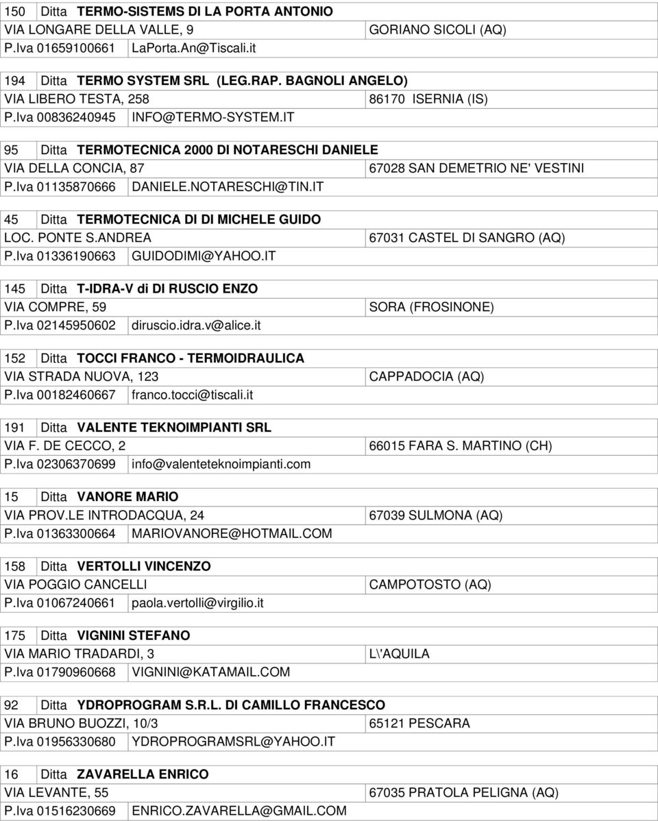 Iva 01135870666 DANIELE.NOTARESCHI@TIN.IT 45 Ditta TERMOTECNICA DI DI MICHELE GUIDO LOC. PONTE S.ANDREA P.Iva 01336190663 GUIDODIMI@YAHOO.