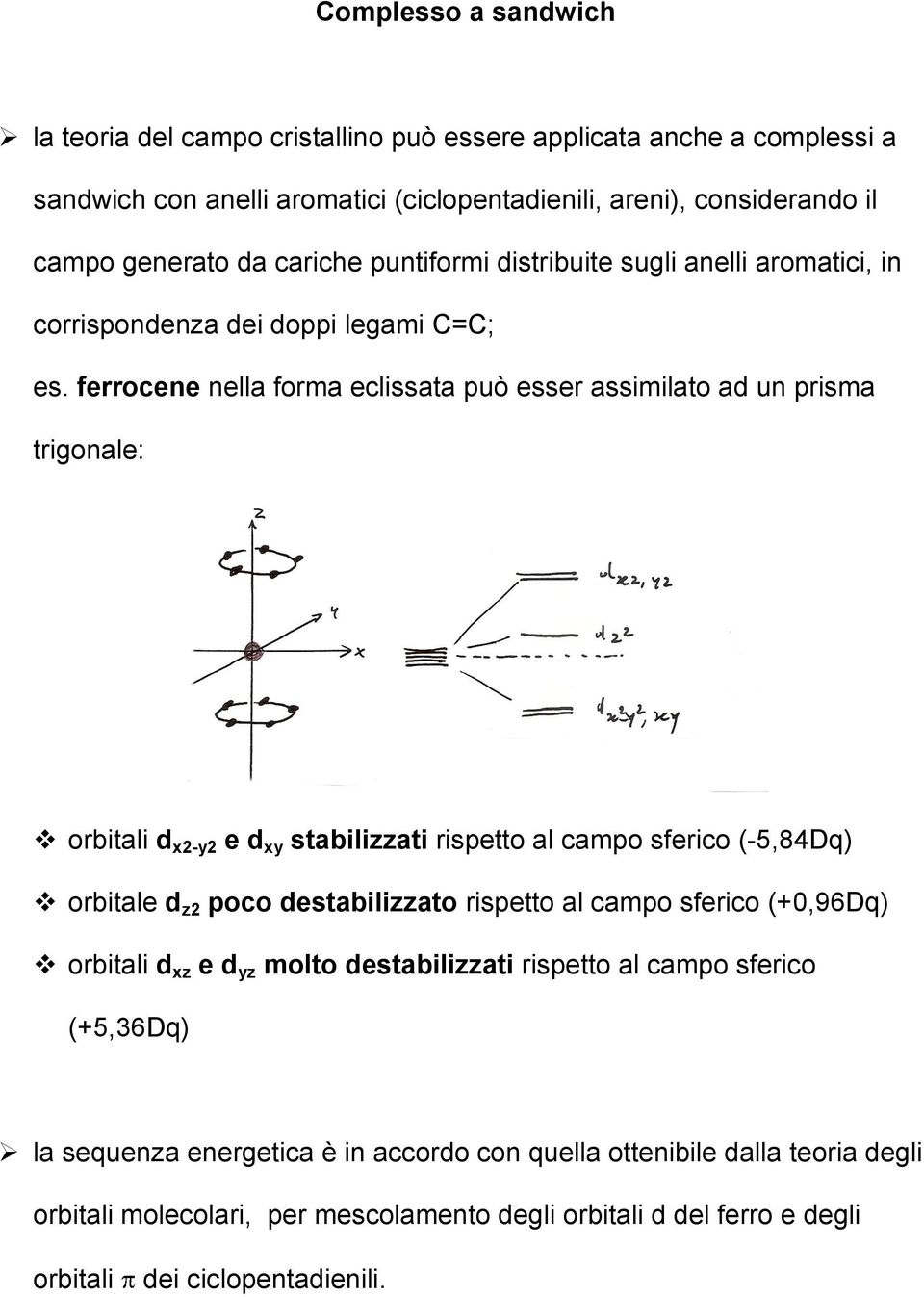 ferrocene nella forma eclissata può esser assimilato ad un prisma trigonale: orbitali d x2-y2 e d xy stabilizzati rispetto al campo sferico (-5,84Dq) orbitale d z2 poco destabilizzato