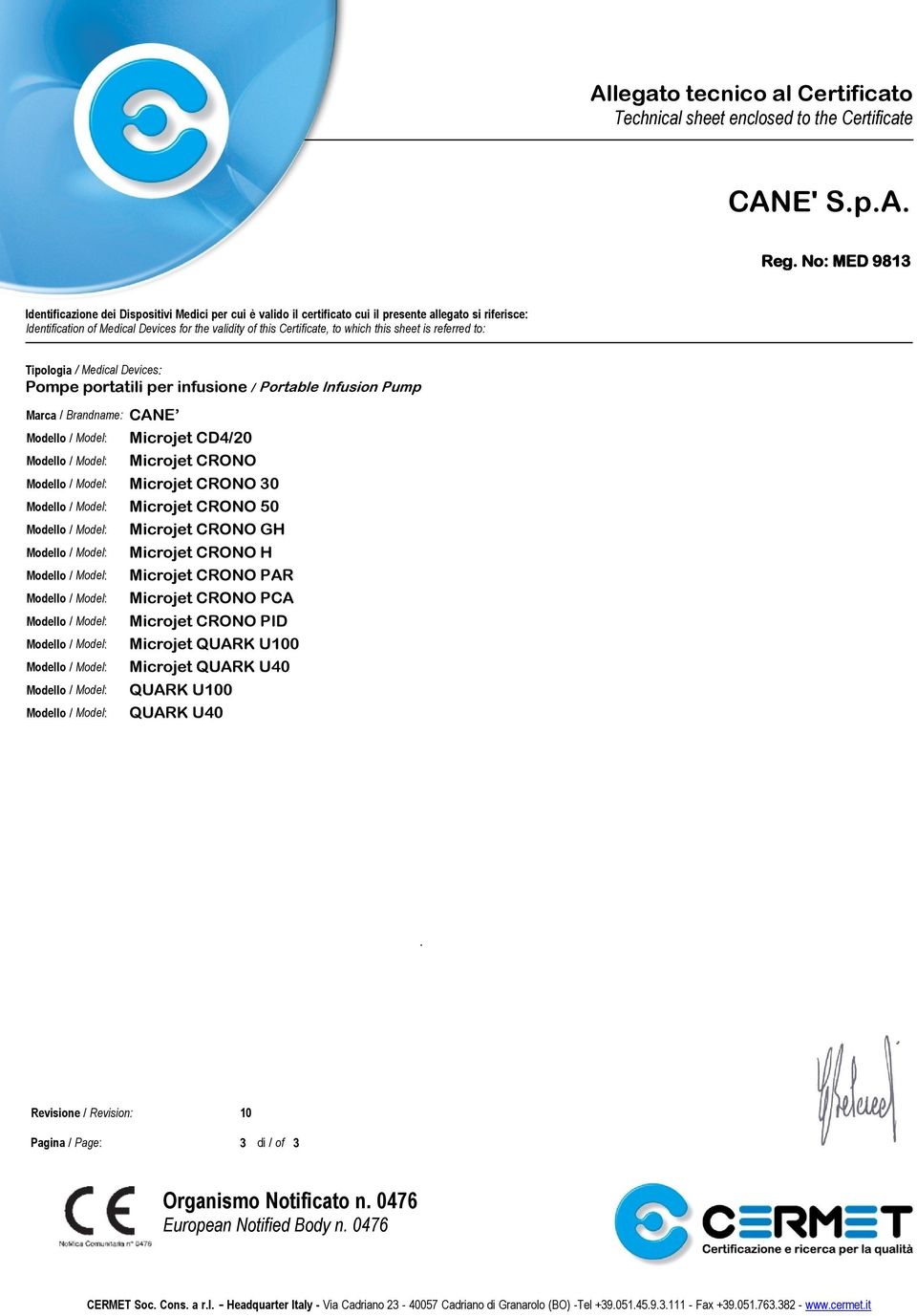 is referred to: Tipologia / Medical Devices: Marca / Brandname: CANE Microjet CD4/20 Microjet CRONO Microjet CRONO 30 Microjet CRONO 50 Microjet