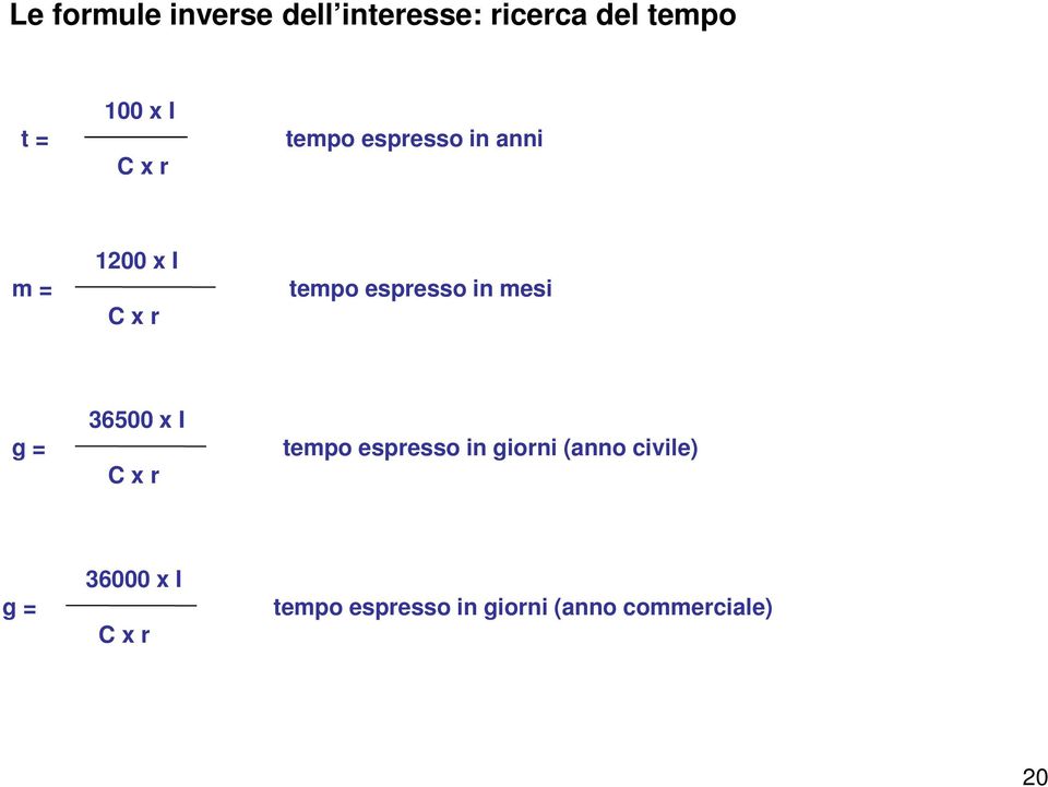 C x r 36500 x I g = tempo espresso in giorni (anno civile) C x r