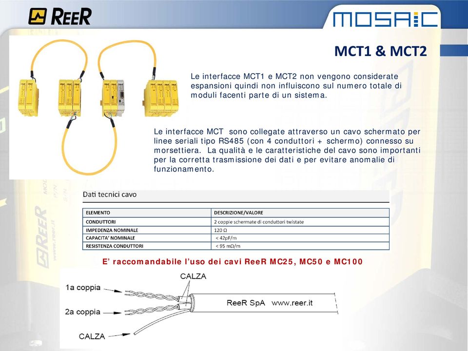 Le interfacce MCT sono collegate attraverso un cavo schermato per linee seriali tipo RS485 (con 4 conduttori + schermo)
