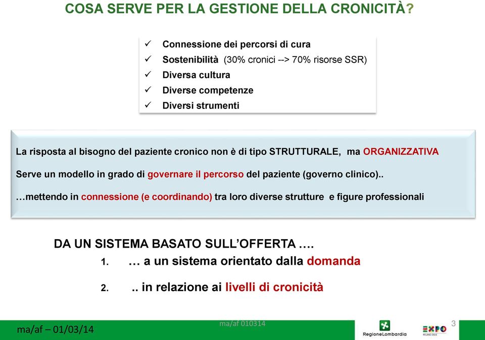 risposta al bisogno del paziente cronico non è di tipo STRUTTURALE, ma ORGANIZZATIVA Serve un modello in grado di governare il percorso del