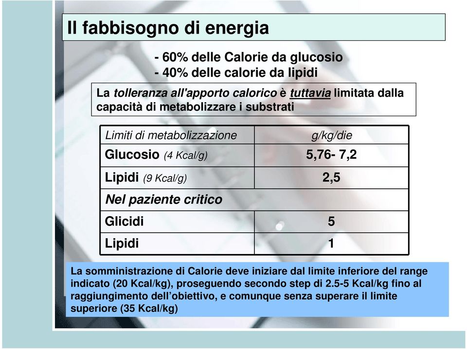 2,5 Nel paziente critico Glicidi 5 Lipidi 1 La somministrazione di Calorie deve iniziare dal limite inferiore del range indicato (20