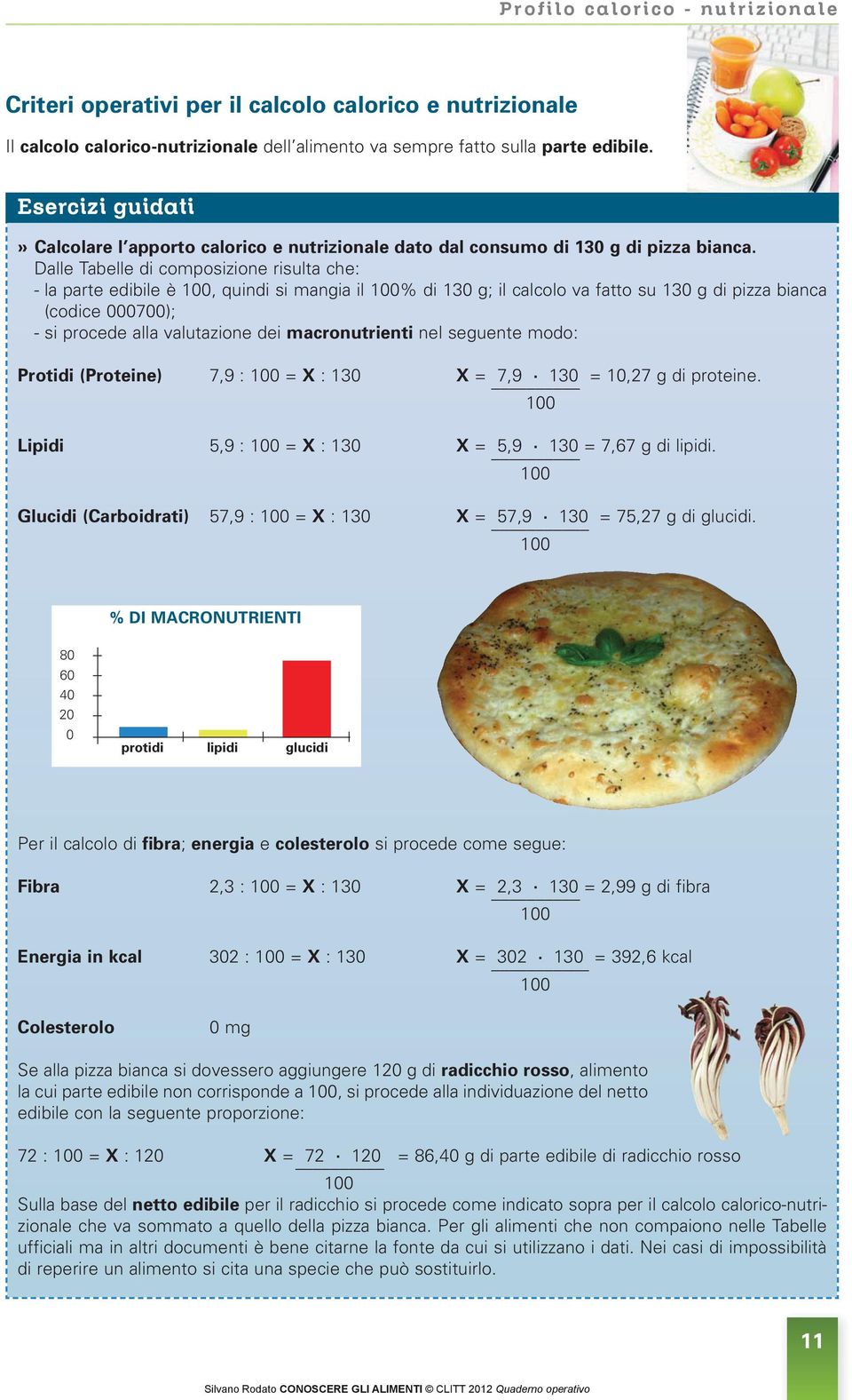 Dalle Tabelle di composizione risulta che: - la parte edibile è, quindi si mangia il % di 130 g; il calcolo va fatto su 130 g di pizza bianca (codice 000700); - si procede alla valutazione dei