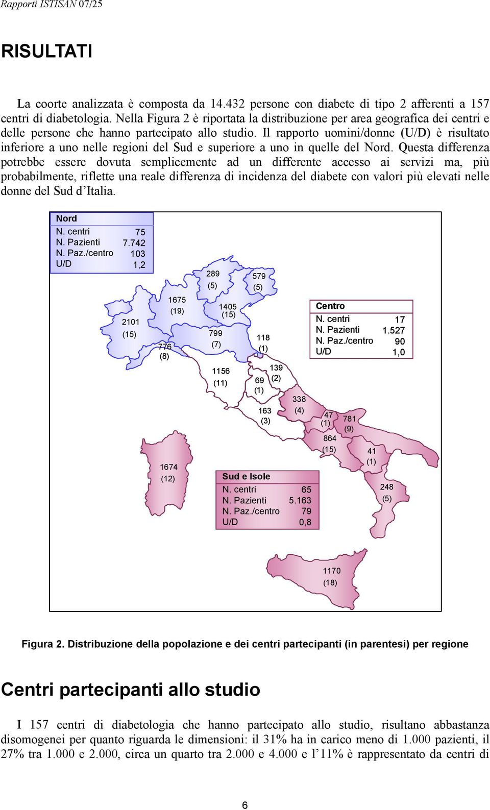 Il rapporto uomini/donne (U/D) è risultato inferiore a uno nelle regioni del Sud e superiore a uno in quelle del Nord.