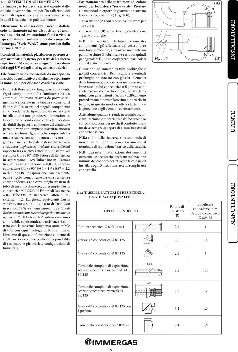 Attenzione: la caldaia deve essere installata solo unitamente ad un dispositivo di aspirazione aria ed evacuazione fumi a vista o ispezionabile in materiale plastico originale Immergas Serie Verde,