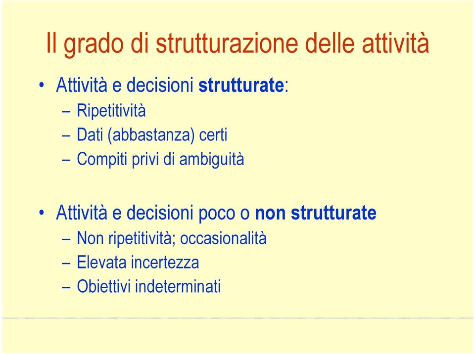 di ambiguità Attività e decisioni poco o non strutturate Non