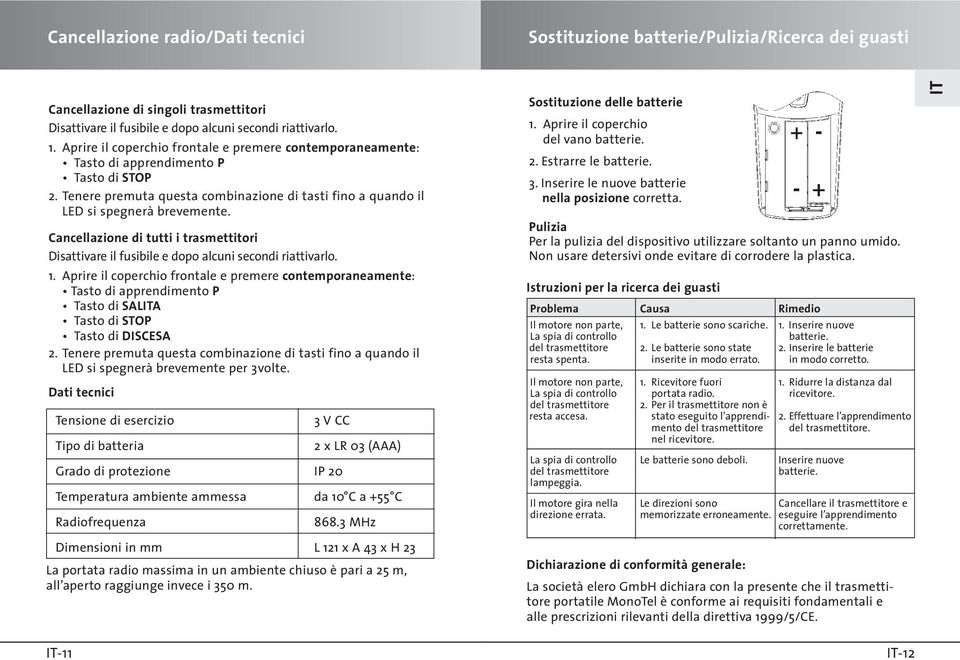 Cancellazione di tutti i trasmettitori Disattivare il fusibile e dopo alcuni secondi riattivarlo. 1.