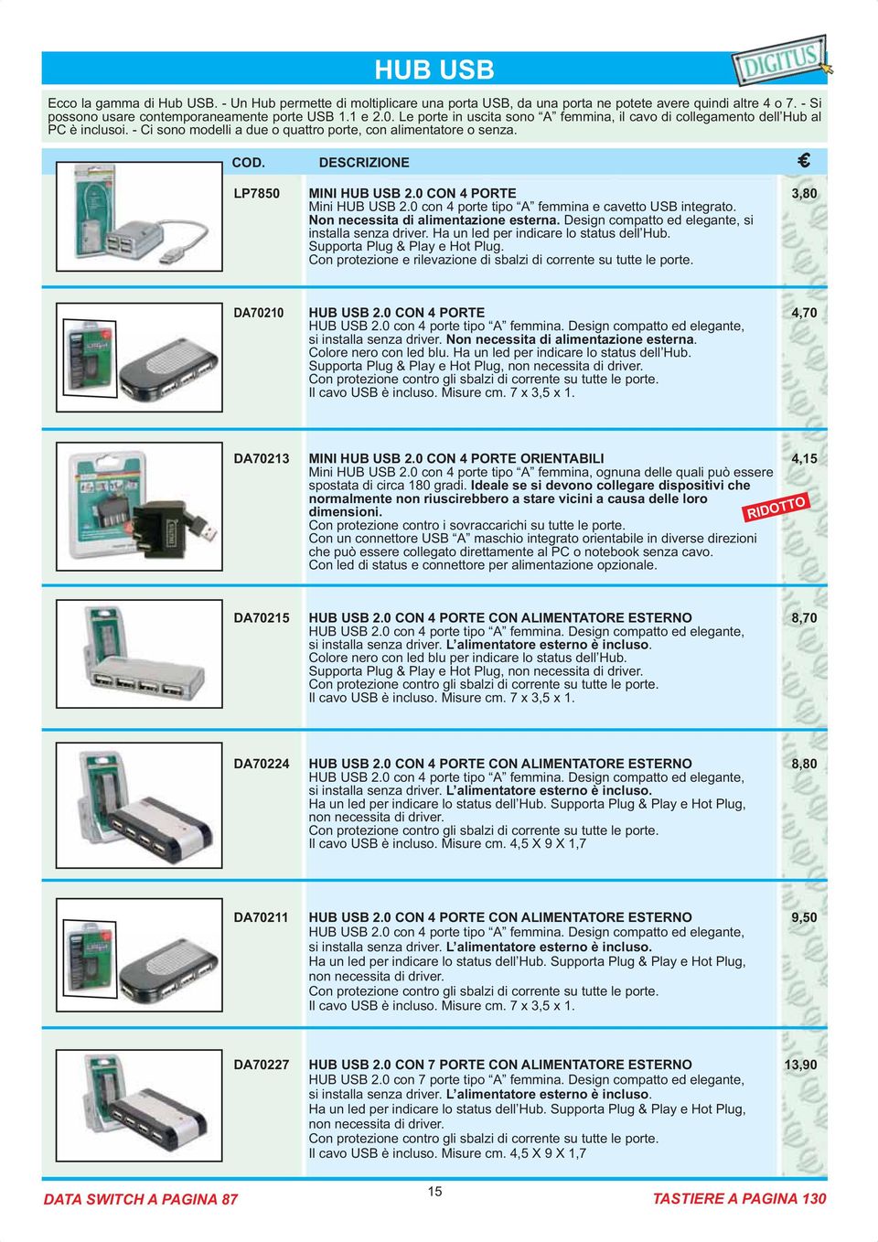 0 CON 4 PORTE 3,80 Mini HUB USB 2.0 con 4 porte tipo A femmina e cavetto USB integrato. Non necessita di alimentazione esterna. Design compatto ed elegante, si installa senza driver.