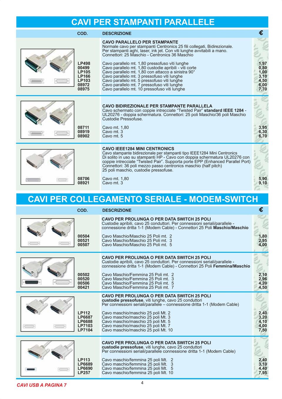 1,80 con attacco a sinistra 90 1,00 LP166 Cavo parallelo mt. 3 pressofuso viti lunghe 3,10 LP103 Cavo parallelo mt. 5 pressofuso viti lunghe 4,50 08972 Cavo parallelo mt.