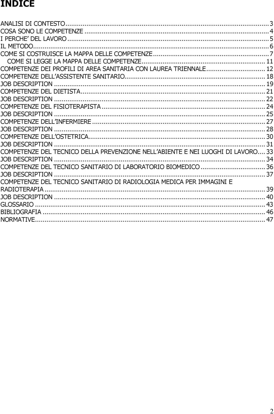 .. 22 COMPETENZE DEL FISIOTERAPISTA... 24 JOB DESCRIPTION... 25 COMPETENZE DELL INFERMIERE... 27 JOB DESCRIPTION... 28 COMPETENZE DELL OSTETRICA... 30 JOB DESCRIPTION.