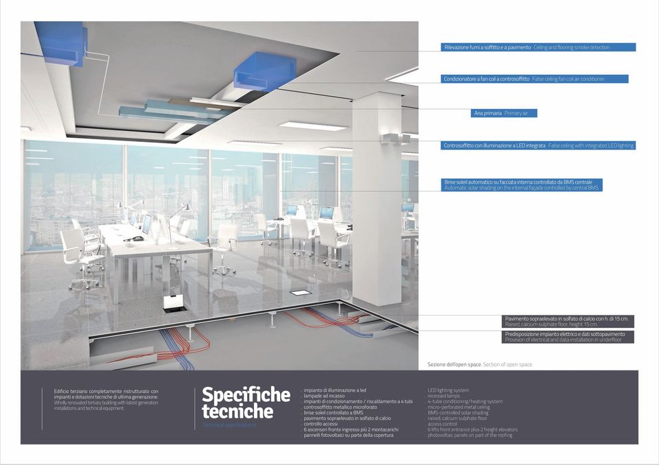 internal façade controlled by central BMS Pavimento sopraelevato in solfato di calcio con h. di 15 cm. Raised, calcium sulphate floor, height 15 cm.