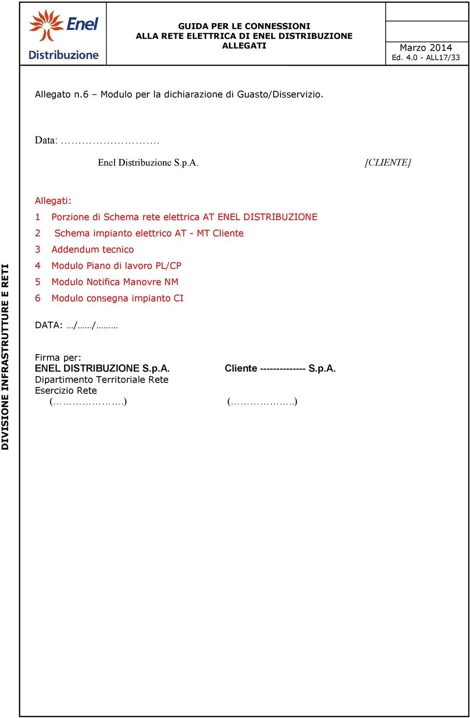 legato n.6 Modulo per la dichiarazione di Guasto/Disservizio. Data:. Enel Distribuzione S.p.A.