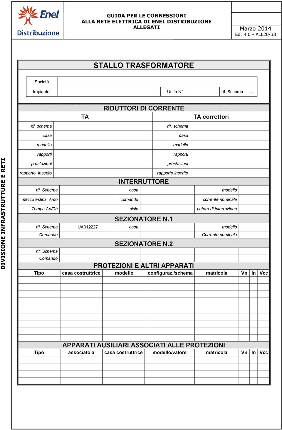 Arco comando corrente nominale Tempo Ap/Ch ciclo potere di interruzione SEZIONATORE N.1 rif. Schema UA312227 casa modello Comando rif. Schema Comando SEZIONATORE N.