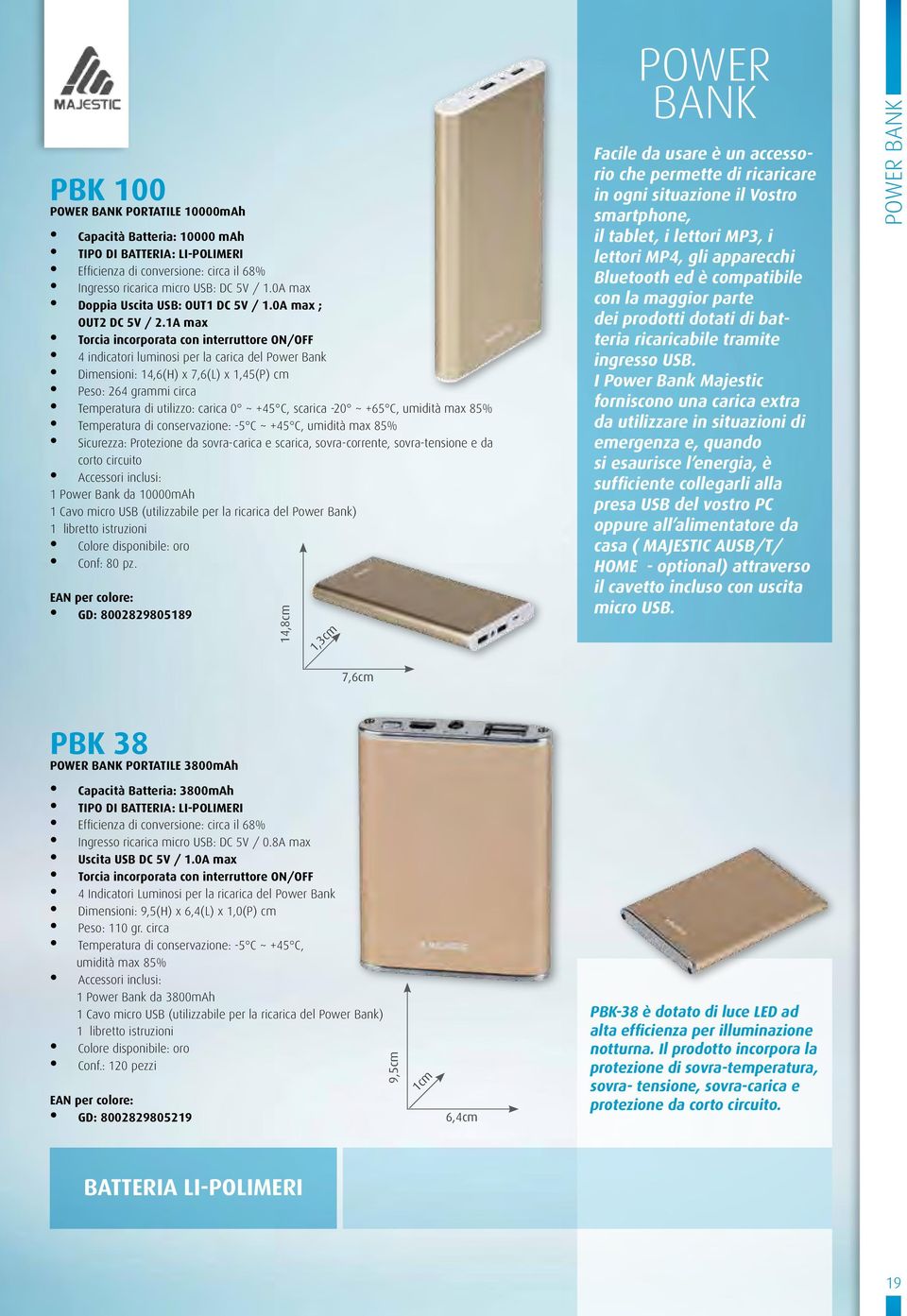 1A max Torcia incorporata con interruttore ON/OFF 4 indicatori luminosi per la carica del Power Bank Dimensioni: 14,6(H) x 7,6(L) x 1,45(P) cm Peso: 264 grammi circa Temperatura di utilizzo: carica 0