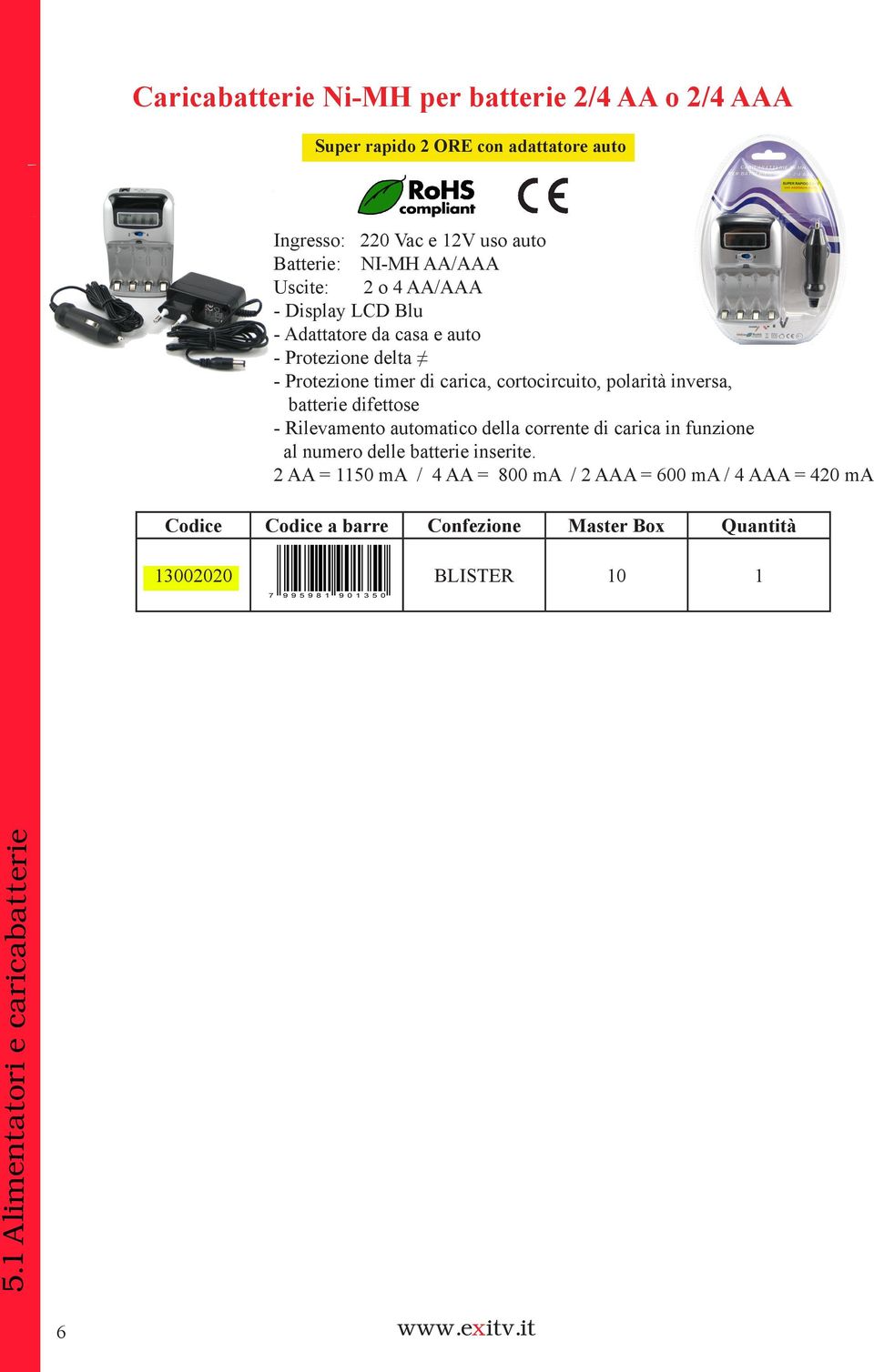 cortocircuito, polarità inversa, batterie difettose - Rilevamento automatico della corrente di carica in funzione al numero delle