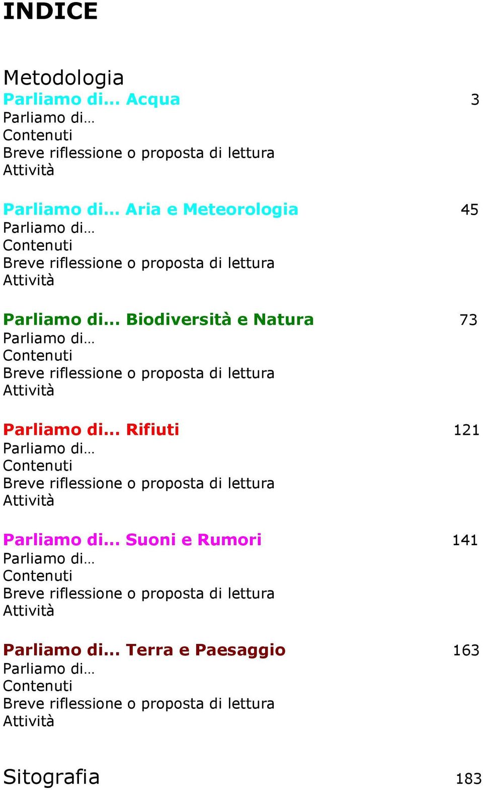 proposta di lettura Attività Parliamo di... Biodiversità e Natura 73 Parliamo di Contenuti Breve riflessione o proposta di lettura Attività Parliamo di.