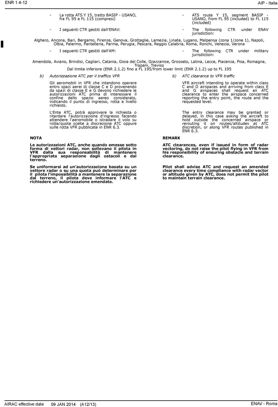 dall'enav: - The following CTR under ENAV jurisdiction: Alghero, Ancona, Bari, Bergamo, Firenze, Genova, Grottaglie, Lamezia, Linate, Lugano, Malpensa (zona 1/zone 1), Napoli, Olbia, Palermo,