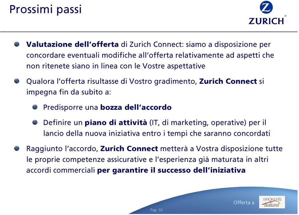 Definire un piano di attività (IT, di marketing, operative) per il lancio della nuova iniziativa entro i tempi che saranno concordati Raggiunto l accordo, Zurich Connect