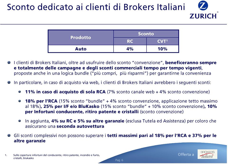 web, i clienti di Brokers Italiani avrebbero i seguenti sconti: 11% in caso di acquisto di sola RCA (7% sconto canale web + 4% sconto convenzione) 18% per l RCA (15% sconto bundle + 4% sconto