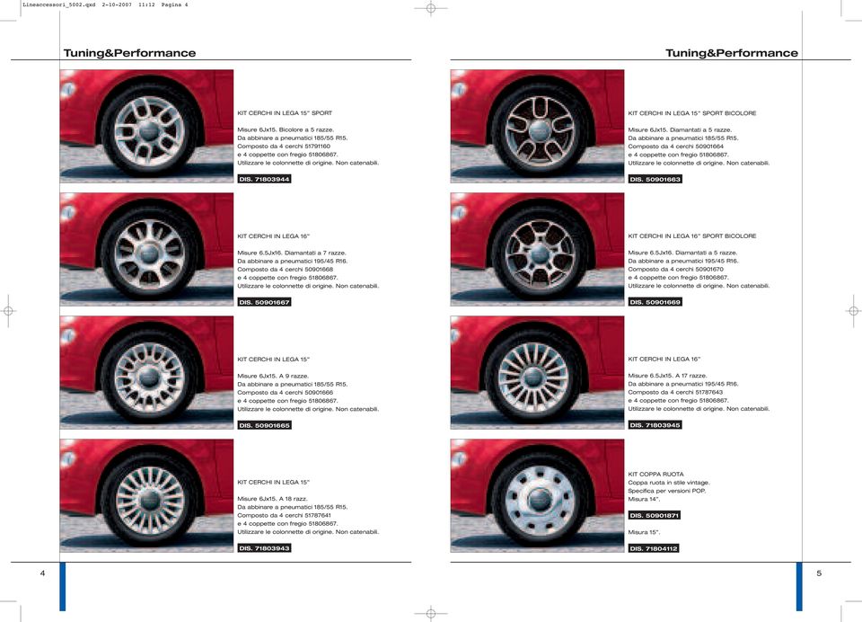 50901663 KIT CERCHI IN LEGA 16 KIT CERCHI IN LEGA 16 SPORT BICOLORE Misure 6.5Jx16. Diamantati a 7 razze. Da abbinare a pneumatici 195/45 R16. Composto da 4 cerchi 50901668 Misure 6.5Jx16. Diamantati a 5 razze.