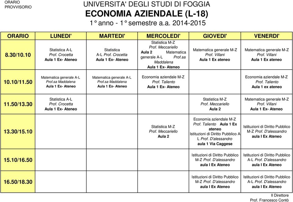 sa Maddalena Matematica generale A-L Prof.sa Maddalena Economia aziendale M-Z Economia aziendale M-Z Aula 1 ex ateneo Statistica A-L Prof. Crocetta Statistica M-Z Prof.