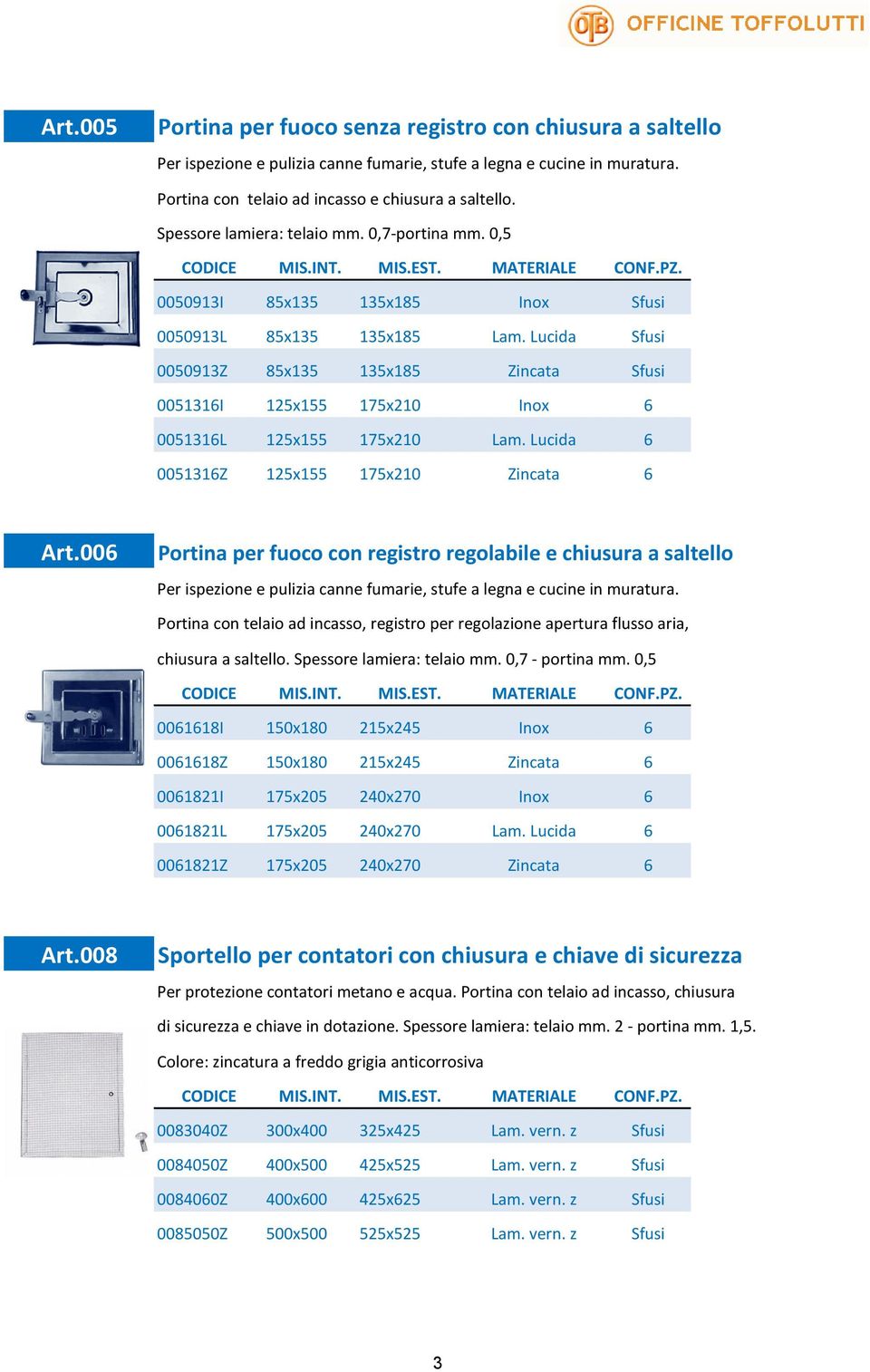 Lucida Sfusi 0050913Z 85x135 135x185 Zincata Sfusi 0051316I 125x155 175x210 Inox 6 0051316L 125x155 175x210 Lam. Lucida 6 0051316Z 125x155 175x210 Zincata 6 Art.