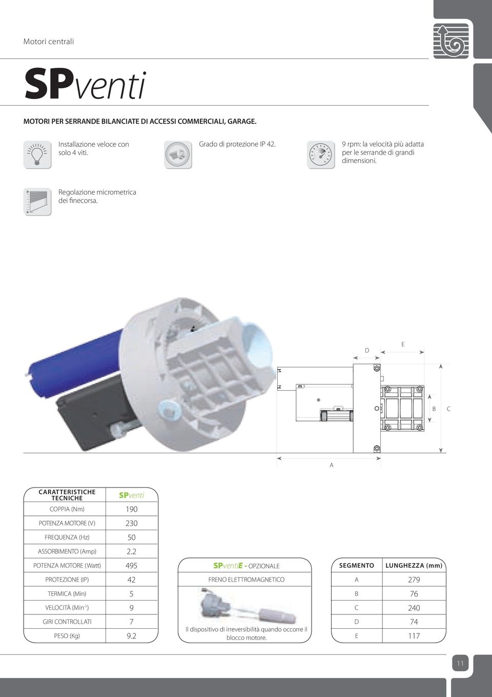 D E B C A CARATTERISTICHE TECNICHE SPventi COPPIA (Nm) 190 POTENZA MOTORE (V) 230 FREQUENZA (Hz) 50 ASSORBIMENTO (Amp) 2.