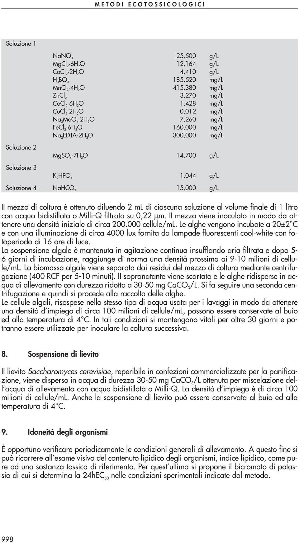 coltura è ottenuto diluendo 2 ml di ciascuna soluzione al volume finale di 1 litro con acqua bidistillata o Milli-Q filtrata su 0,22 µm.