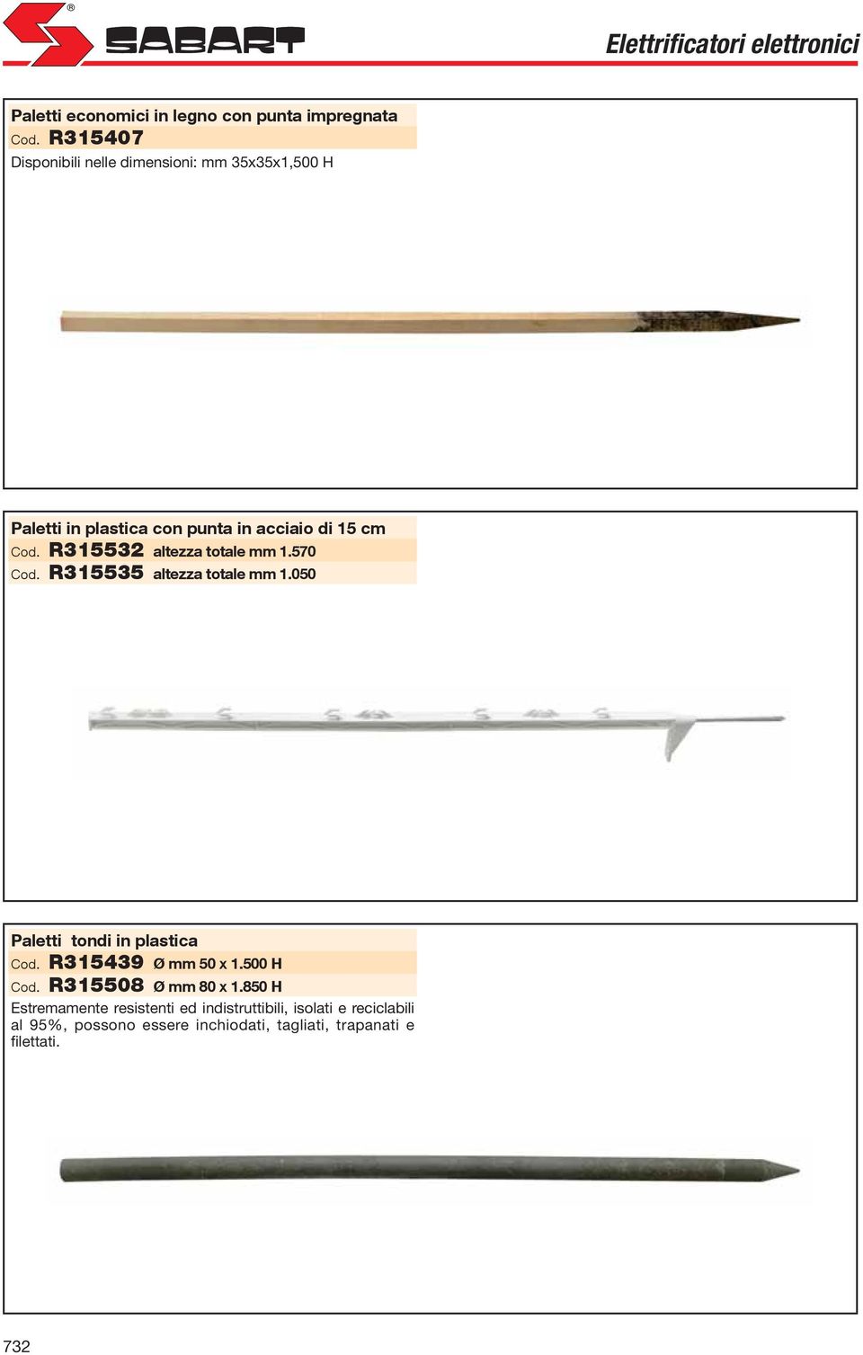 R315532 altezza totale mm 1.570 Cod. R315535 altezza totale mm 1.050 Paletti tondi in plastica Cod.