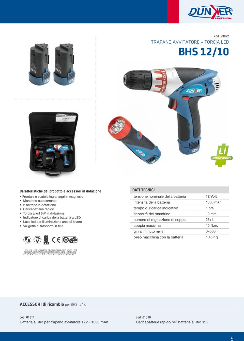 intensità della batteria 1300 mah tempo di ricarica indicativo 1 ora capacità del mandrino 10 mm numero di regolazione di coppia 23+1 coppia massima 15 N.m. giri al minuto (rpm) 0~500 con la batteria 1,45 Kg ACCESSORI di ricambio per BHS 12/10 cod.