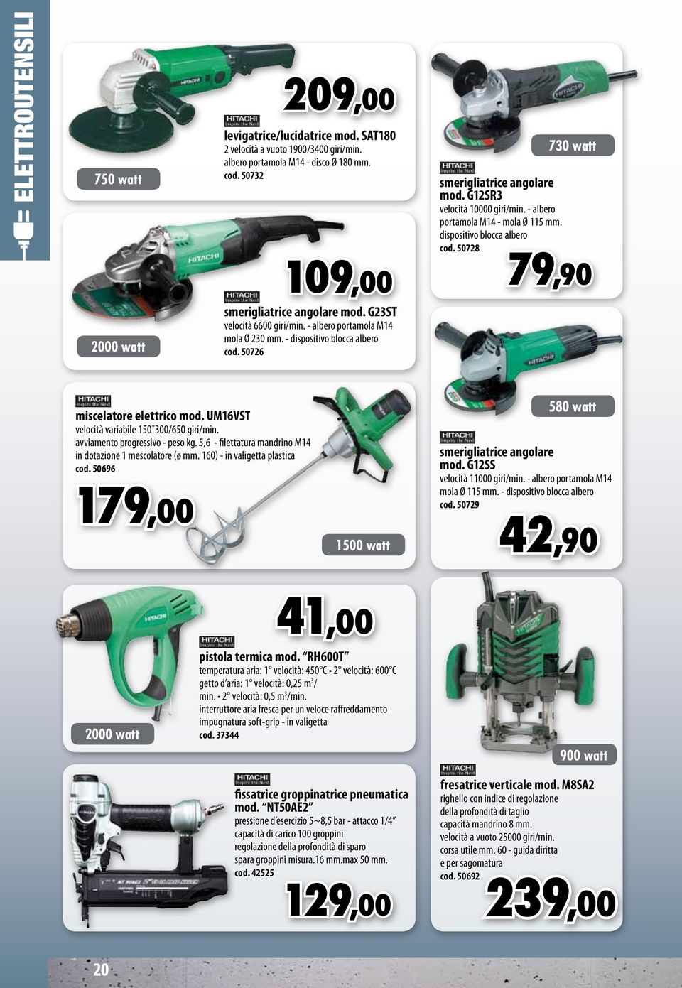 G12SR3 velocità 10000 giri/min. - albero portamola M14 - mola Ø 115 mm. dispositivo blocca albero cod. 50728 730 watt 79,90 miscelatore elettrico mod. UM16VST velocità variabile 150 300/650 giri/min.