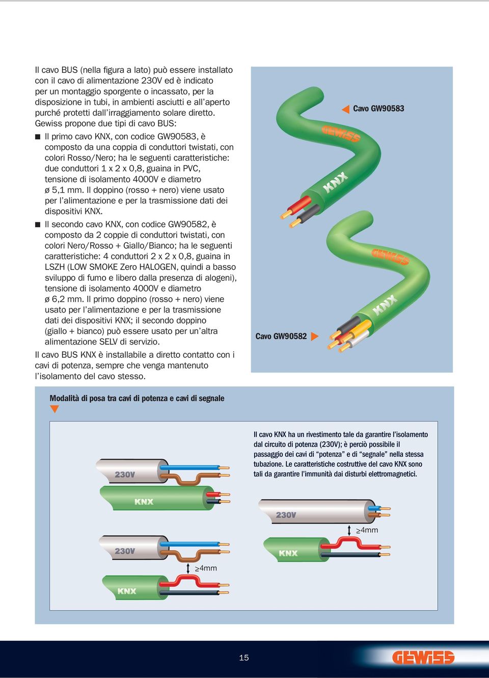 Gewiss propone due tipi di cavo BUS: Il primo cavo KNX, con codice GW90583, è composto da una coppia di conduttori twistati, con colori Rosso/Nero; ha le seguenti caratteristiche: due conduttori 1 x