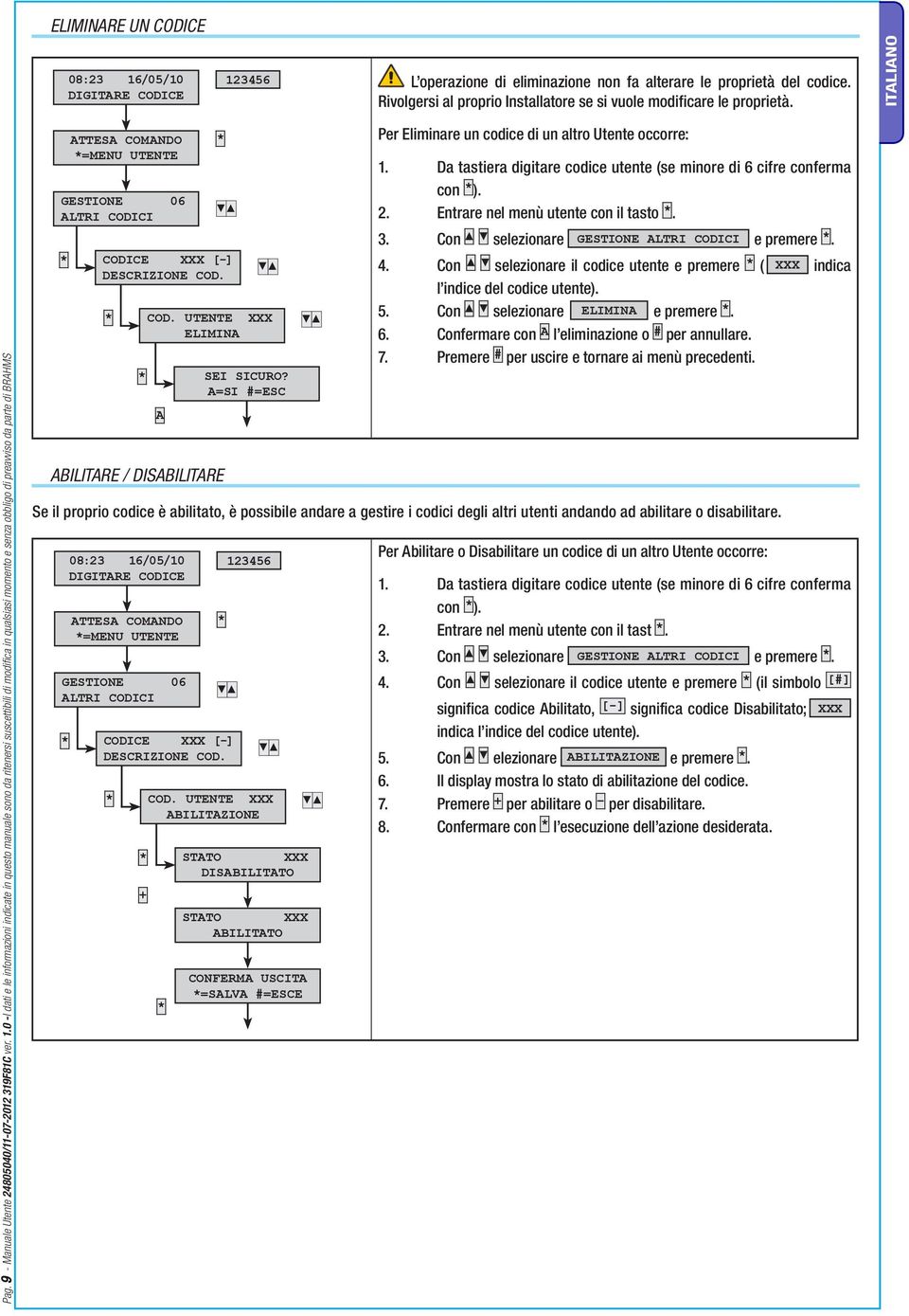 0 -I dati e le informazioni indicate in questo manuale sono da ritenersi suscettibili di modifica in qualsiasi momento e senza obbligo di preavviso da parte di BRAHMS =MENU UTENTE GESTIONE 06 ALTRI