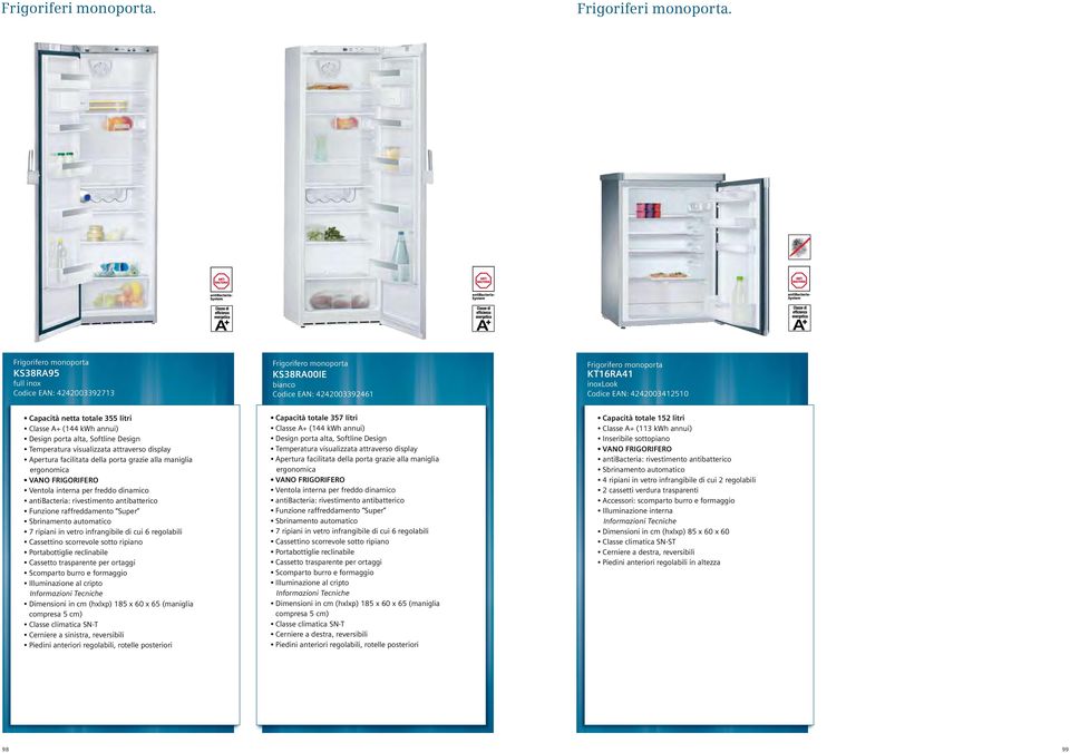 Capacità netta totale 355 litri Classe A+ (144 kwh annui) Design porta alta, oftline Design Temperatura visualizzata attraverso display Apertura facilitata della porta grazie alla maniglia ergonomica