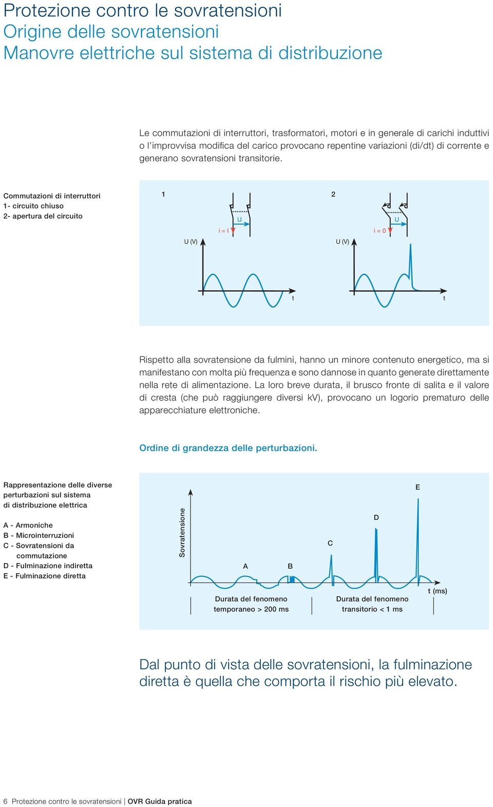 Commutazioni di interruttori 1- circuito chiuso 2- apertura del circuito 1 2 Rispetto alla sovratensione da fulmini, hanno un minore contenuto energetico, ma si manifestano con molta più frequenza e