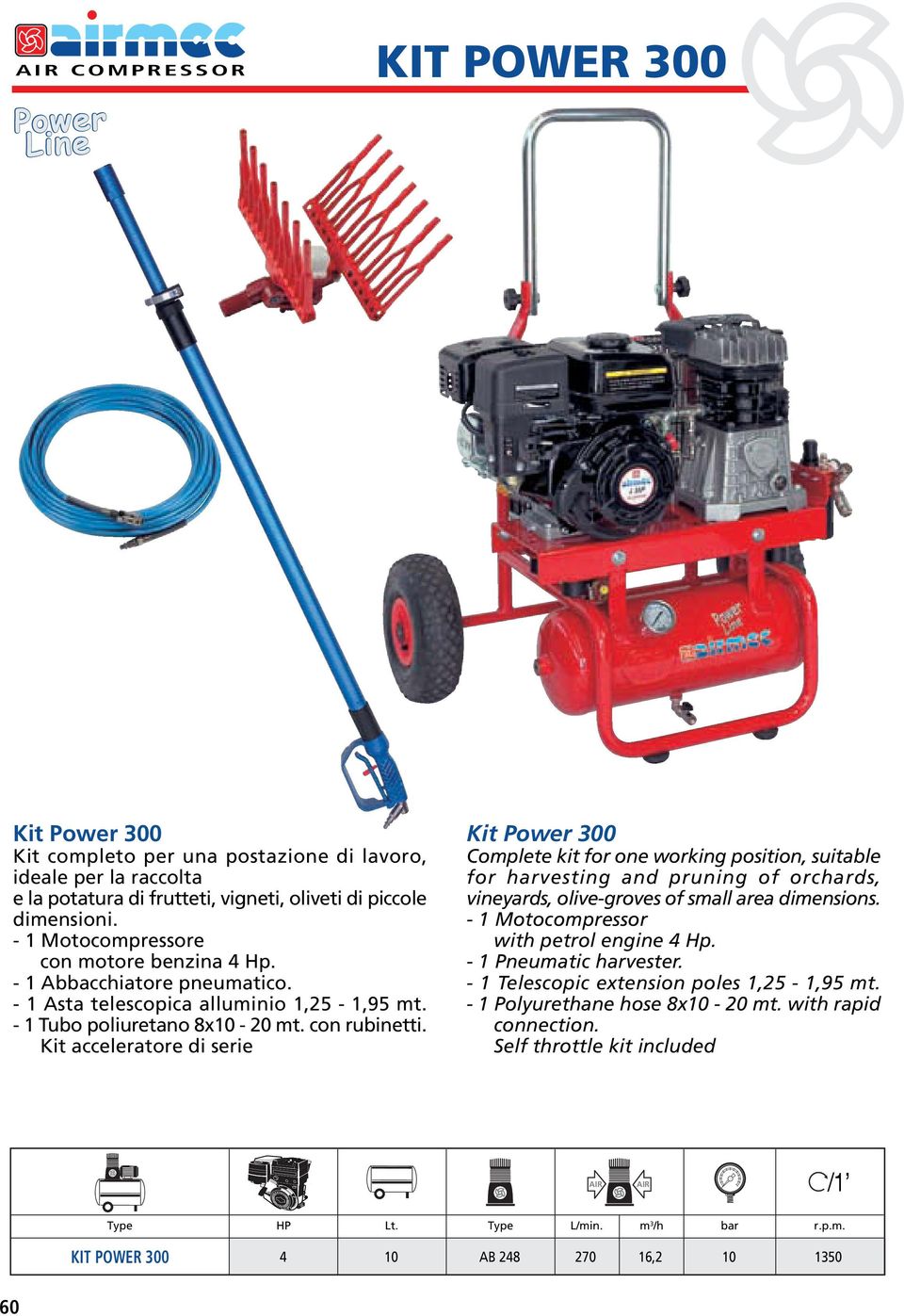 Kit acceleratore di serie Kit Power 300 Complete kit for one working position, suitable for harvesting and pruning of orchards, vineyards, olive-groves of small area dimensions.