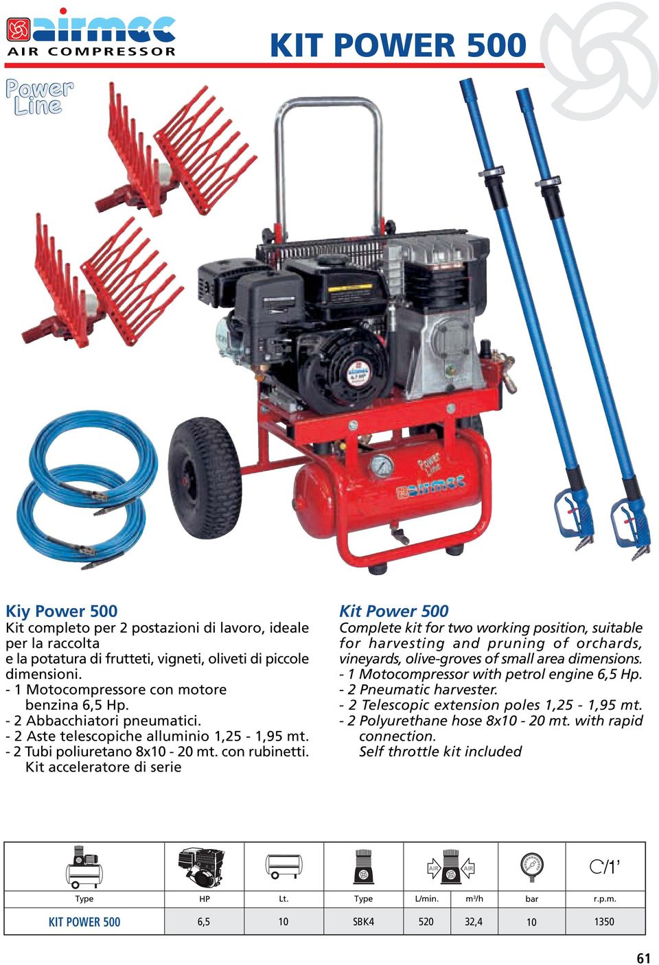 Kit acceleratore di serie Kit Power 500 Complete kit for two working position, suitable for harvesting and pruning of orchards, vineyards, olive-groves of small area dimensions.