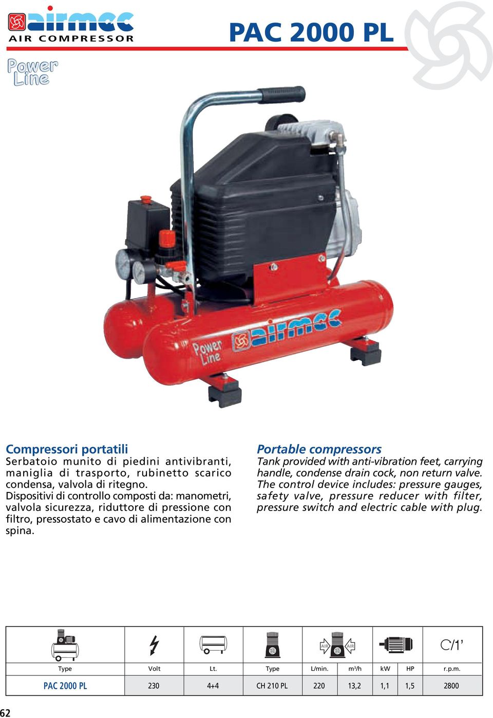 Portable compressors Tank provided with anti-vibration feet, carrying handle, condense drain cock, non return valve.