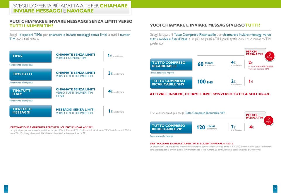 Scegli le opzioni Tutto Compreso Ricaricabile per chiamare e inviare messaggi verso tutti i mobili e fissi d Italia e in più, se passi a TIM, parli gratis con il tuo numero TIM preferito.