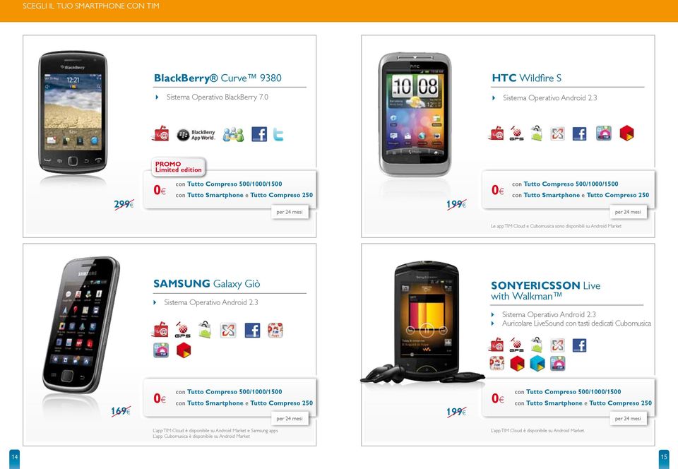 SAMSUNG Galaxy Giò SONYERICSSON Live with Walkman 4 Auricolare LiveSound con tasti dedicati Cubomusica 169 0 199 0 L app