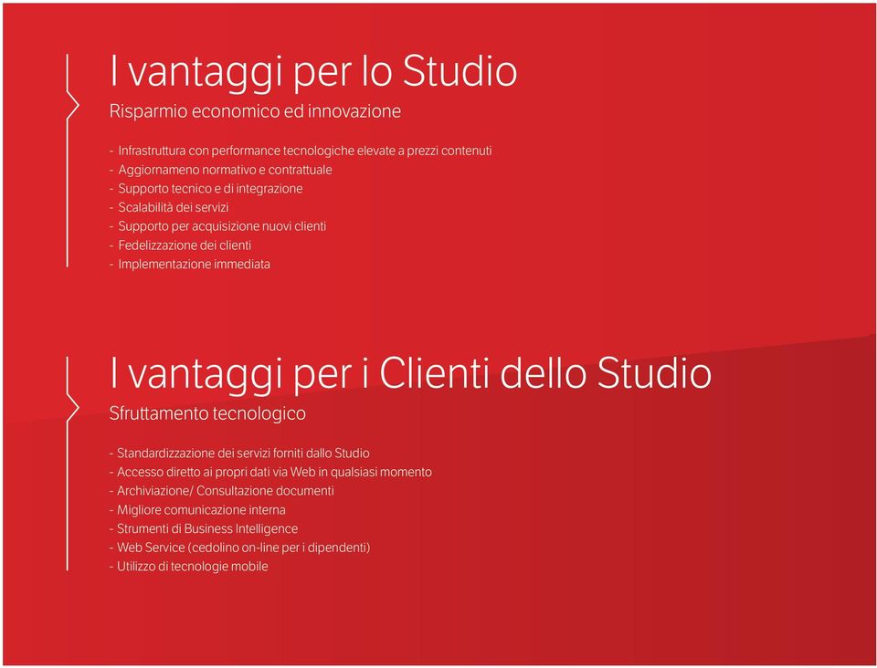 Clienti dello Studio Sfruttamento tecnologico - Standardizzazione dei servizi forniti dallo Studio - Accesso diretto ai propri dati via Web in qualsiasi momento -