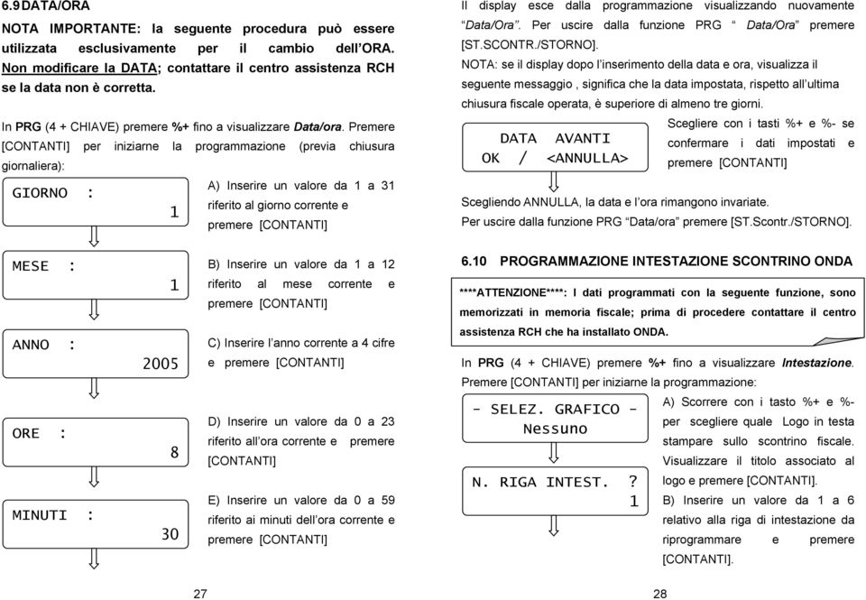 Premere [CONTANTI] per iniziarne la programmazione (previa chiusura giornaliera): GIORNO : 1 A) Inserire un valore da 1 a 31 riferito al giorno corrente e premere [CONTANTI] Il display esce dalla