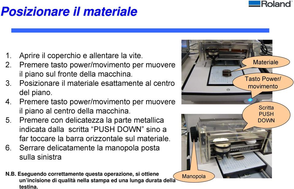 Premere con delicatezza la parte metallica indicata dalla scritta PUSH DOWN sino a far toccare la barra orizzontale sul materiale. 6.