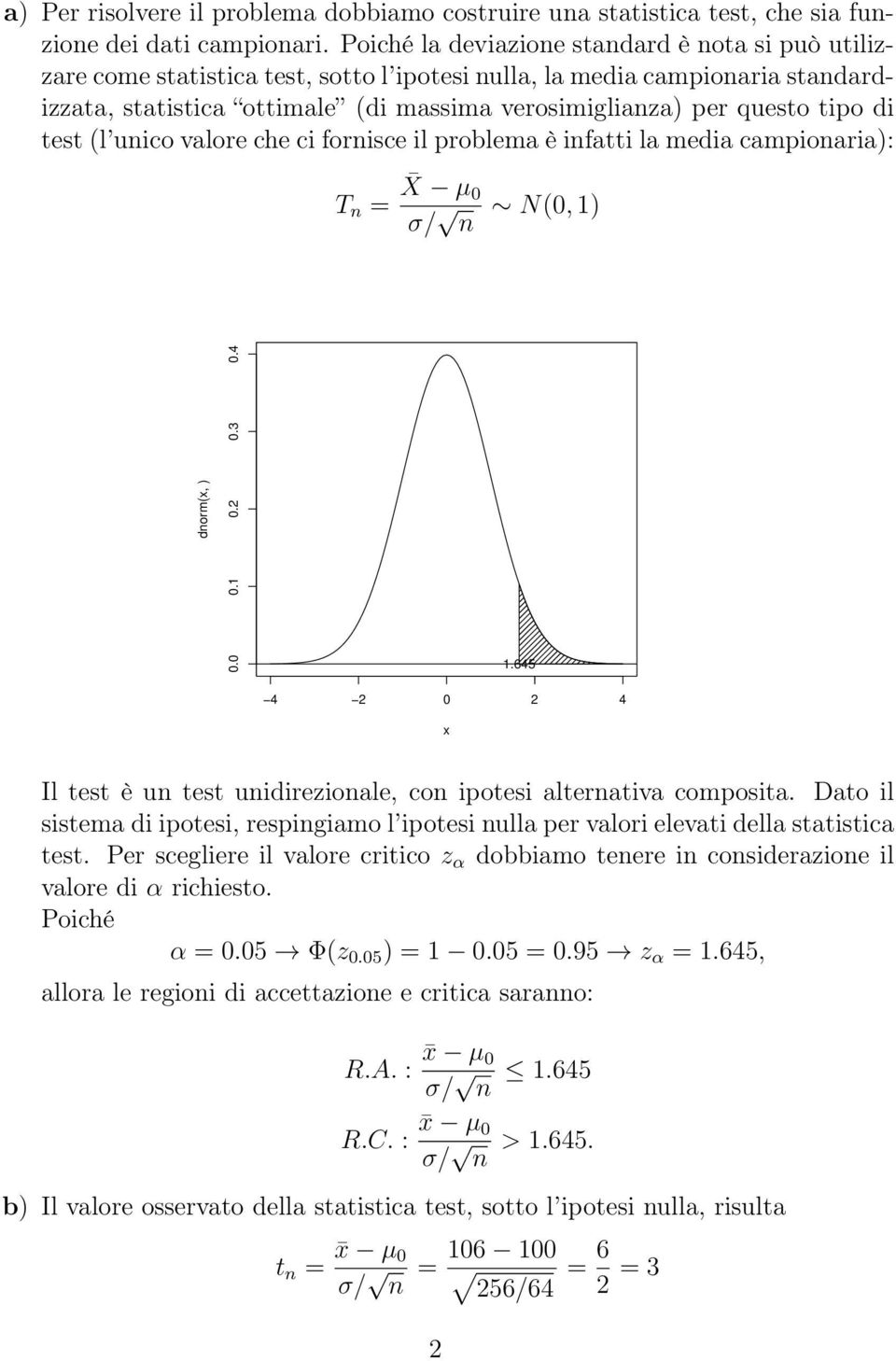 tipo di test (l unico valore che ci fornisce il problema è infatti la media campionaria): T n X µ 0 σ/ n N(0, 1) dnorm(x, ) 0.0 0.1 0.2 0.3 0.4 1.