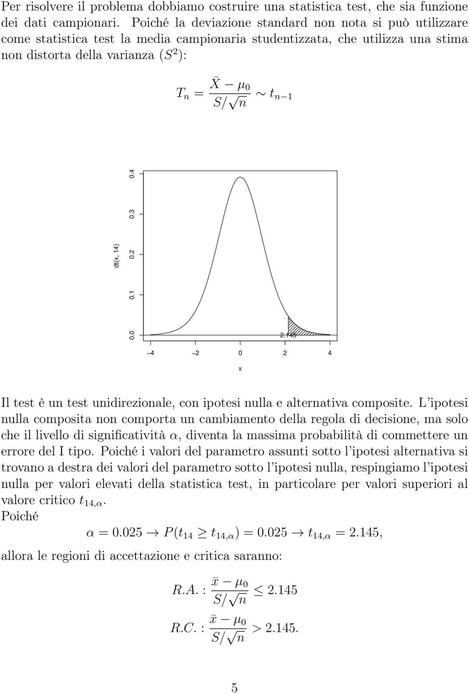 14) 0.0 0.1 0.2 0.3 0.4 2.145 4 2 0 2 4 x Il test è un test unidirezionale, con ipotesi nulla e alternativa composite.