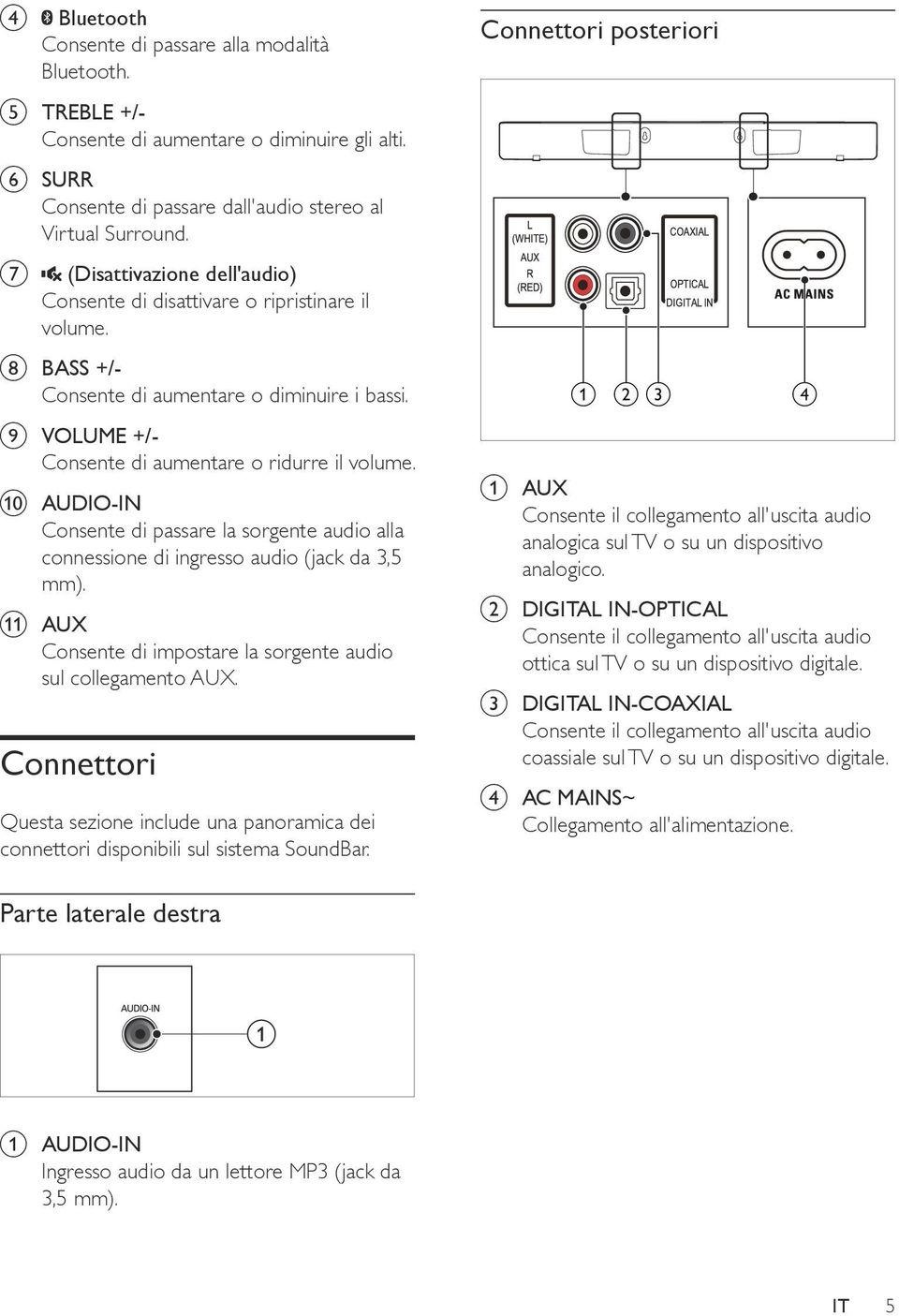 j AUDIO-IN Consente di passare la sorgente audio alla connessione di ingresso audio (jack da 3,5 mm). k AUX Consente di impostare la sorgente audio sul collegamento AUX.